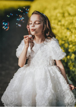 Short Sleeves White Rosetta Tulle Floral Flower Girl Dress